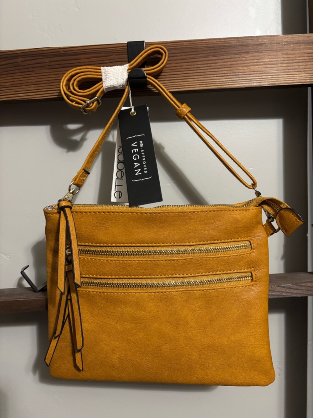 Vegan Crossbody Bag in Mustard Yellow - Double Zip Front